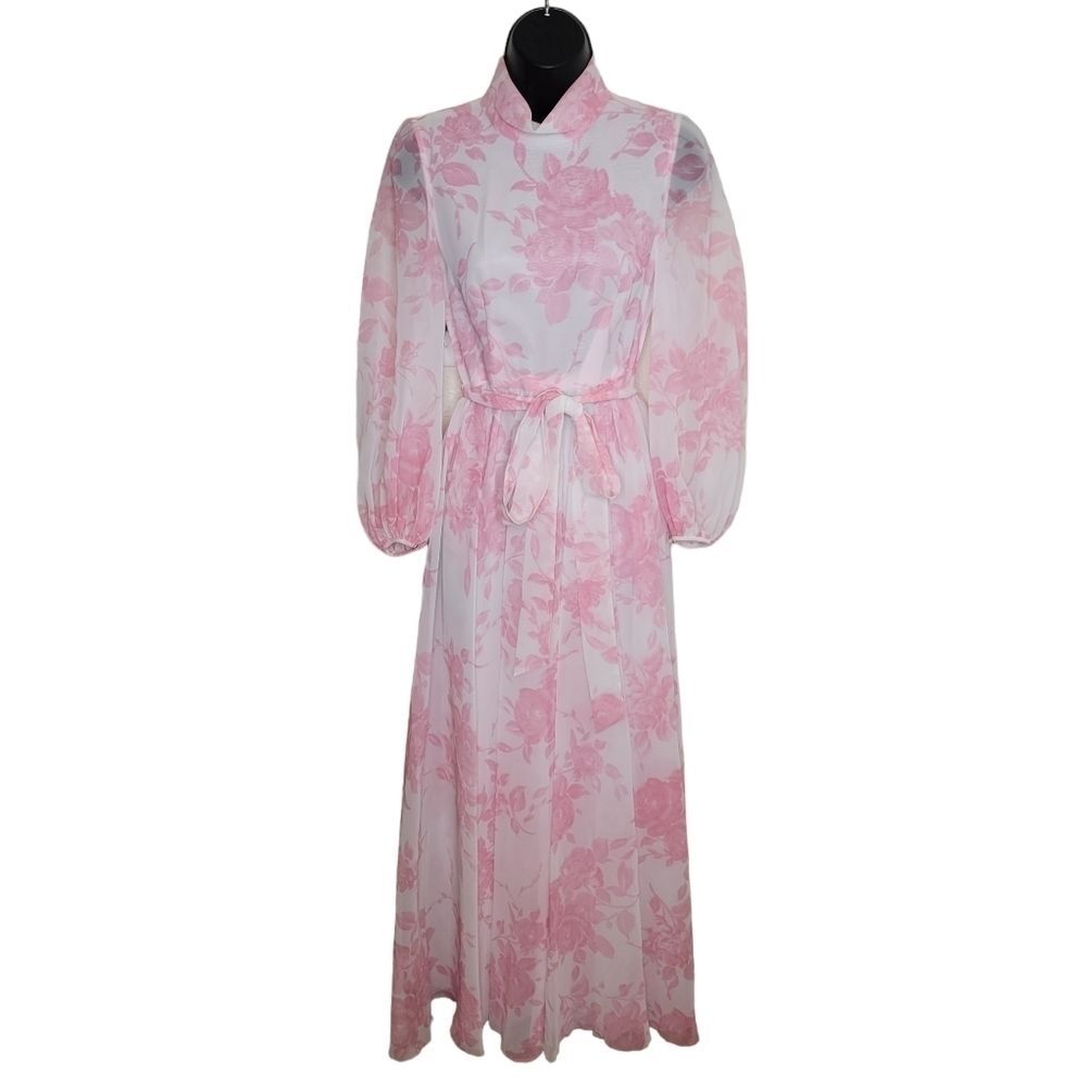 Vintage 70s handmade High Neck Mandarin collar pink white floral maxi dress Xs/S